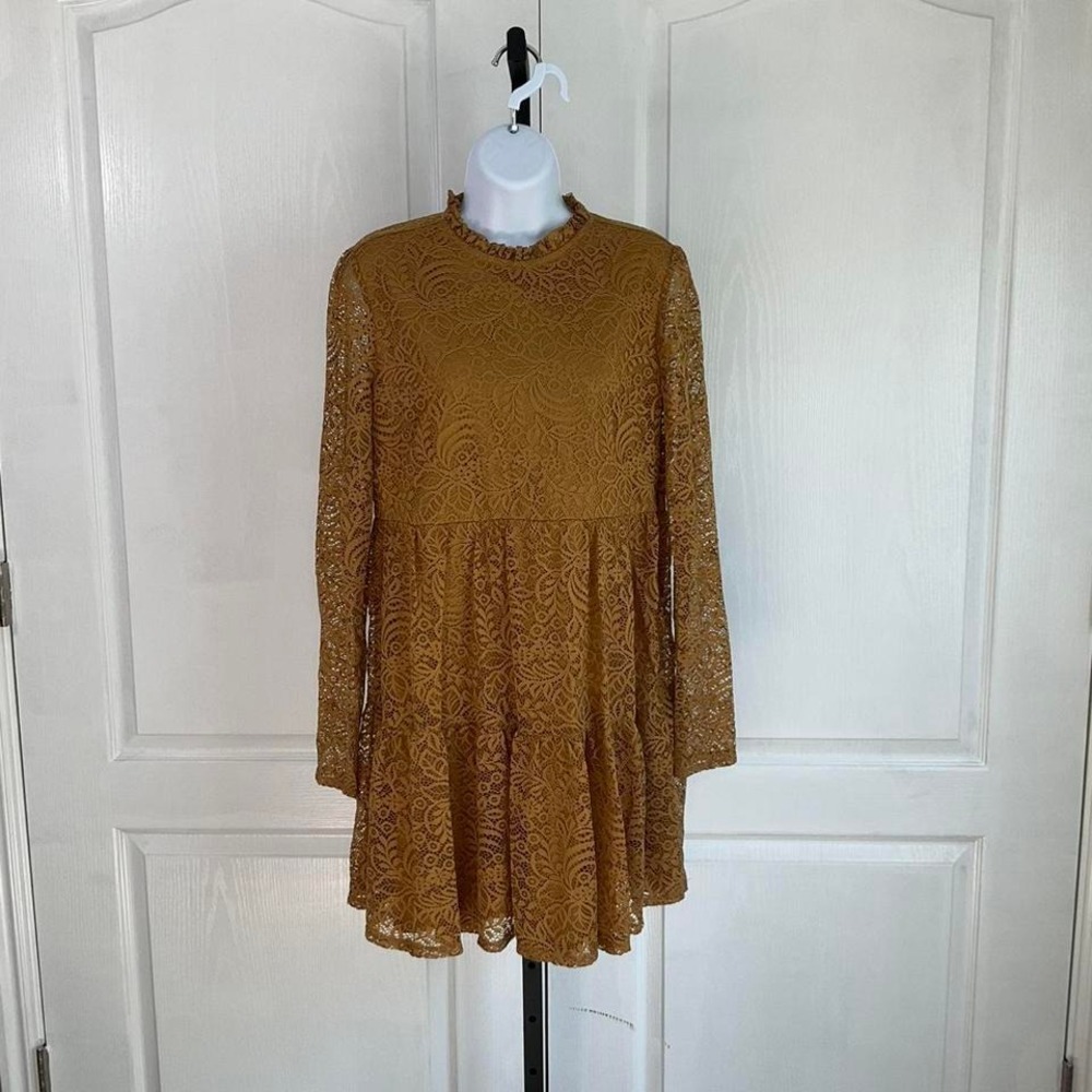 Copper lace dress with‎ ruffle detailing
